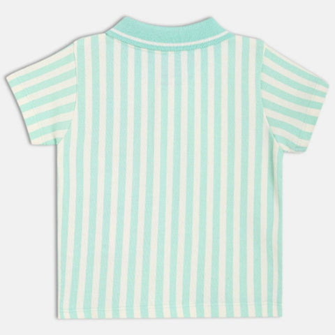 Blue Striped Polo Collar Cotton T-shirt