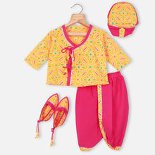 Load image into Gallery viewer, Yellow Cotton Angrakha Kurta With Pink Dhoti Jamna Set
