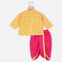 Load image into Gallery viewer, Yellow Cotton Angrakha Kurta With Pink Dhoti Jamna Set
