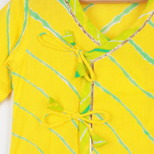 Load image into Gallery viewer, Yellow Leheriya Cotton Angrakha Kurta With Green Dhoti Jamna Set
