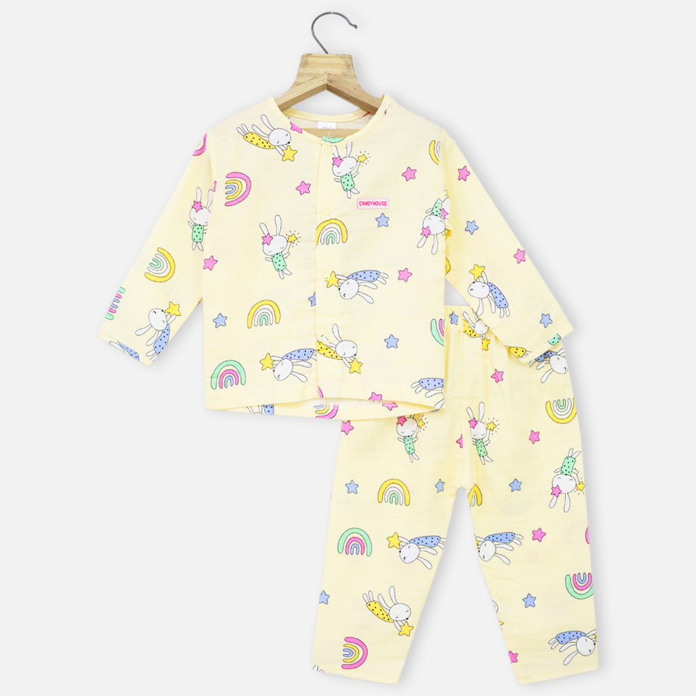 Yellow Bunny Theam Full Sleeves Muslin Night Suit