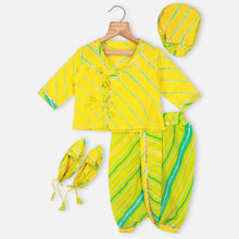Load image into Gallery viewer, Yellow Leheriya Cotton Angrakha Kurta With Green Dhoti Jamna Set
