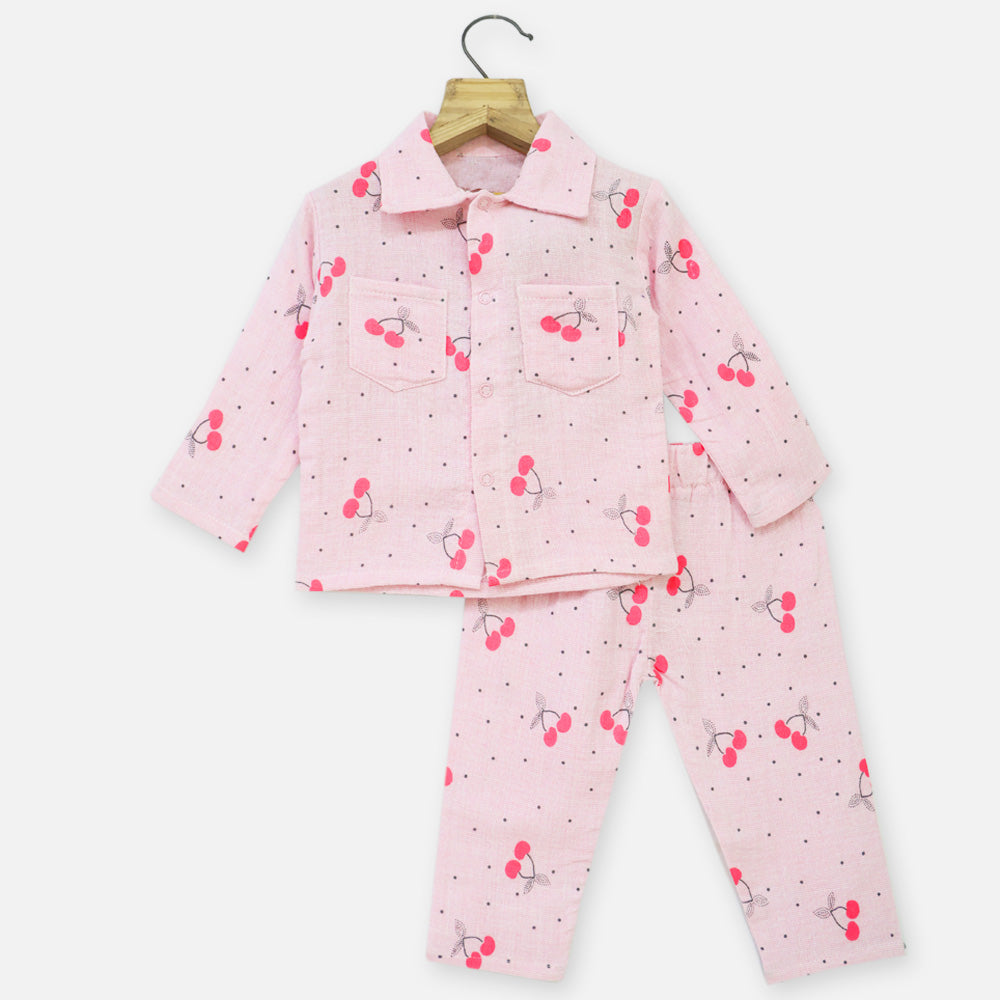 Pink Cherry Fruit Theam Collar Neck Muslin Cotton Night Suits