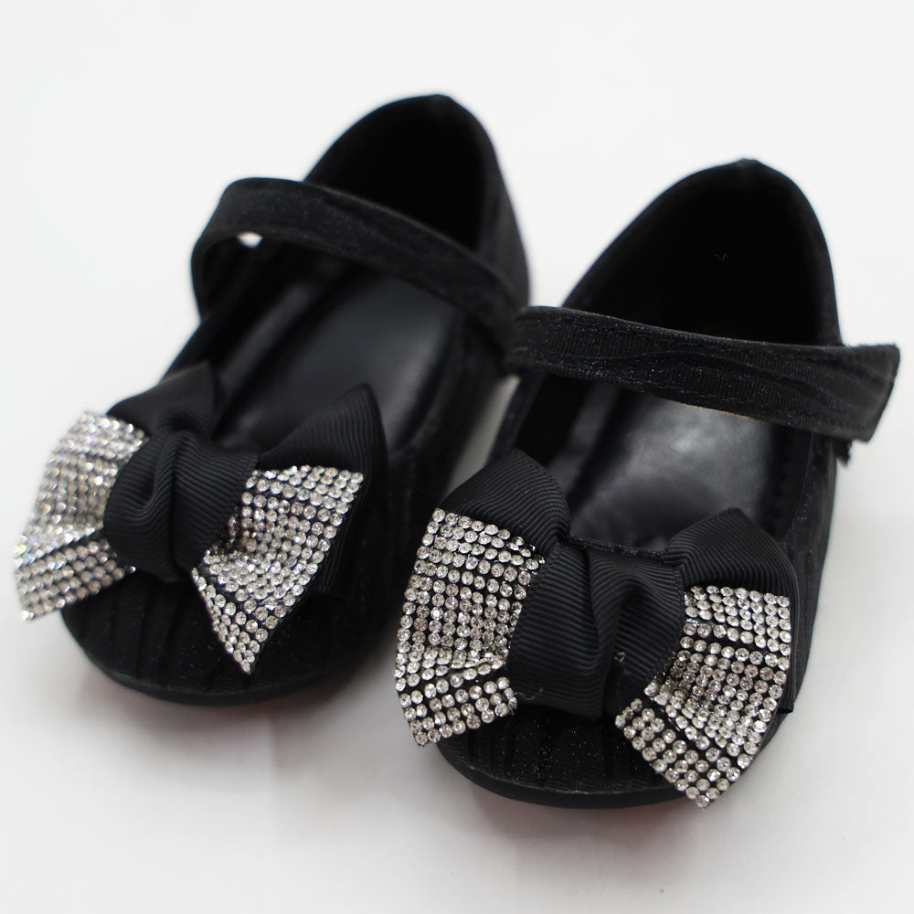 Silver & Black Bow Embellished Velcro Closure Ballerina