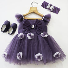 Load image into Gallery viewer, Purple &amp; Teal Bow Embellished Party Dress With Booties &amp; Headband
