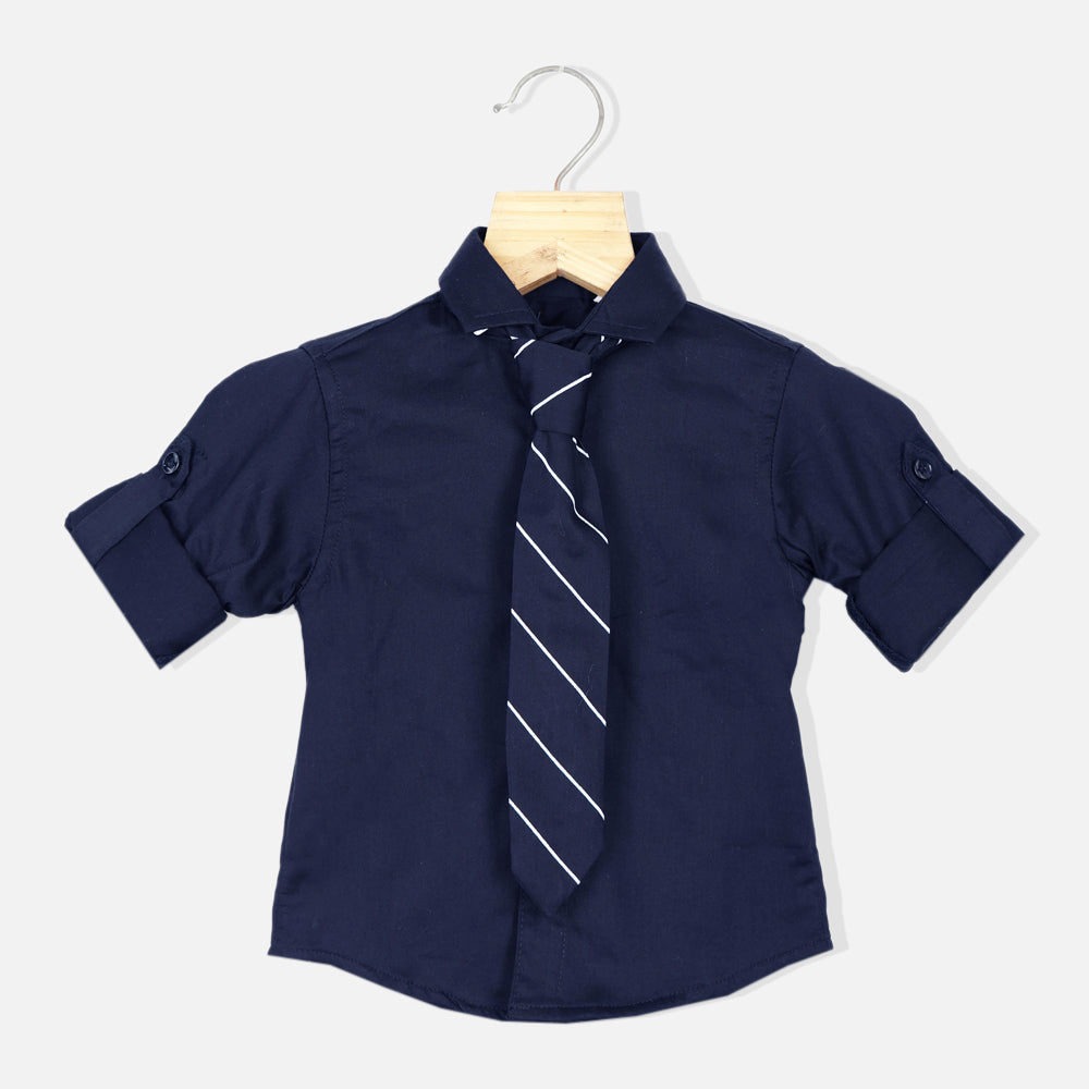 Shirt With Striped Tie- Black, Blue & White