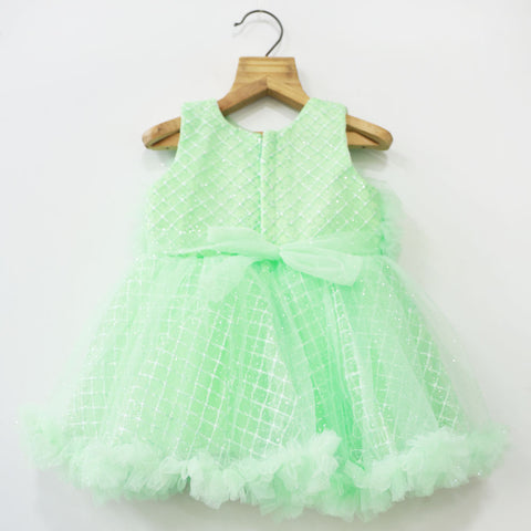 Green Ruffled Party Dress With Booties & Headband