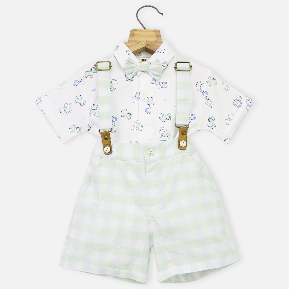 White Printed T-Shirt & Checked Shorts With Suspender Set