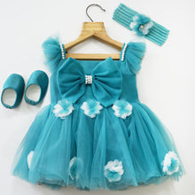 Load image into Gallery viewer, Purple &amp; Teal Bow Embellished Party Dress With Booties &amp; Headband
