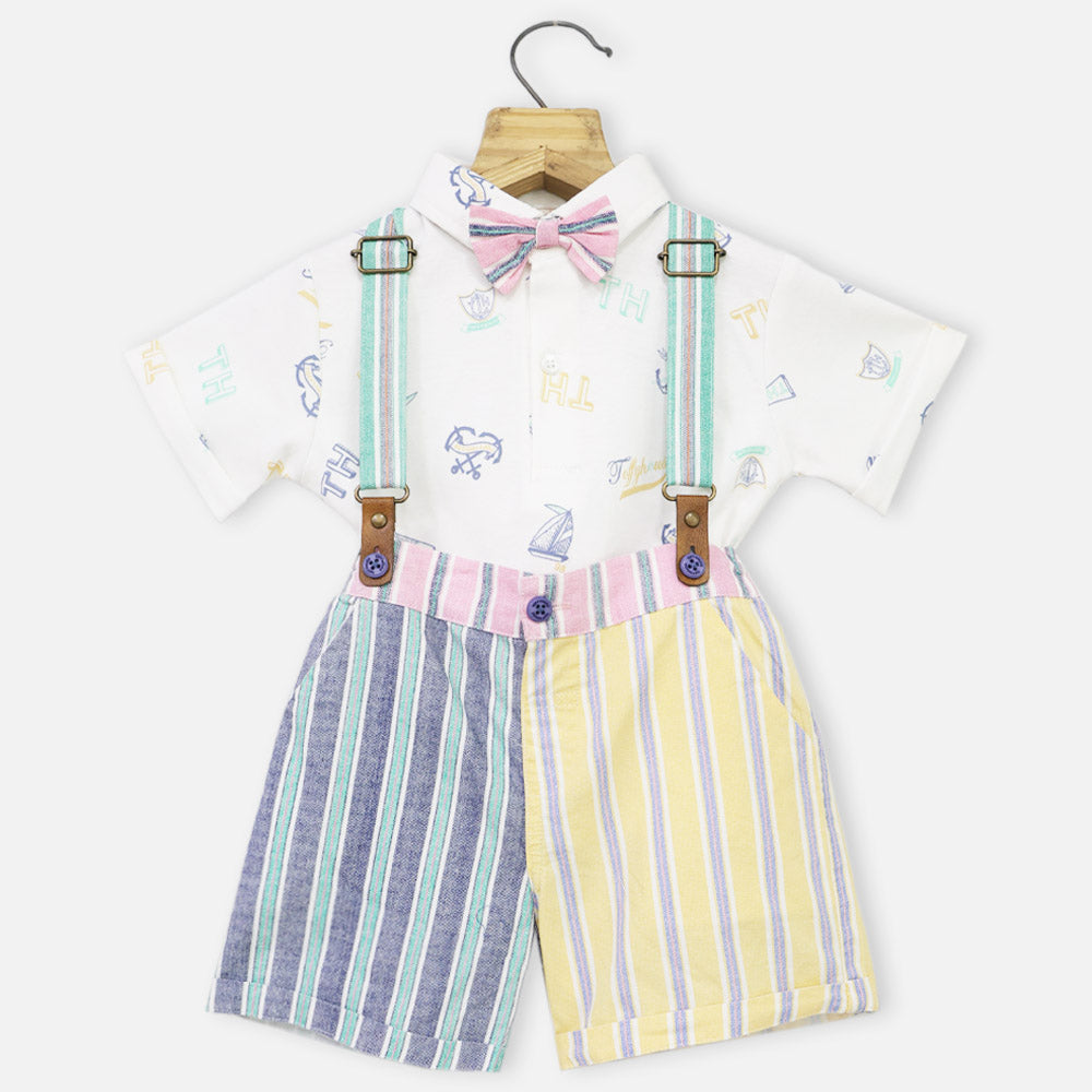 White Printed T-Shirt & Striped Shorts With Suspender Set