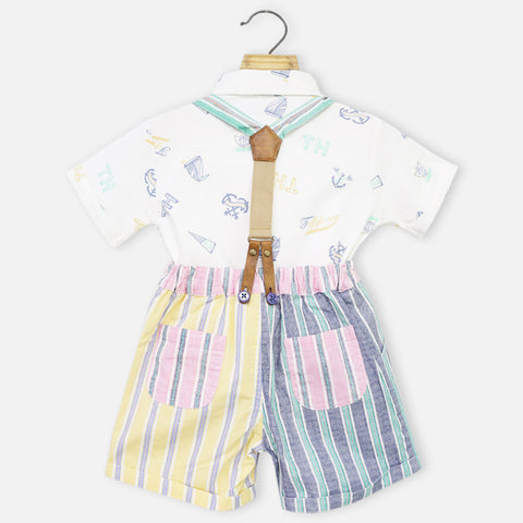 White Printed T-Shirt & Striped Shorts With Suspender Set