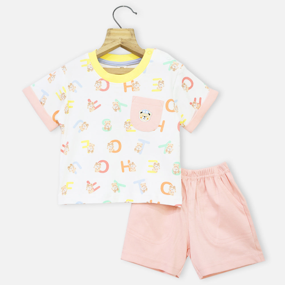 Peach Printed Sleeves T-Shirt With Plain Shorts