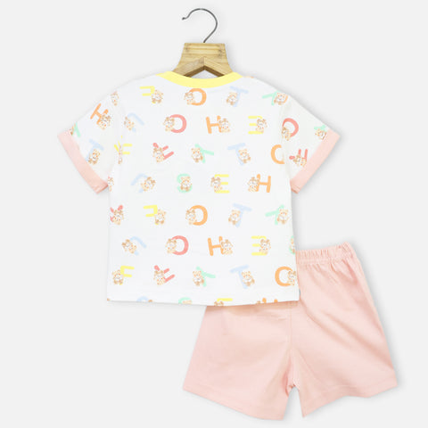 Peach Printed Sleeves T-Shirt With Plain Shorts