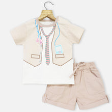 Load image into Gallery viewer, White Striped Sleeves T-Shirt With Beige Corduroy Shorts
