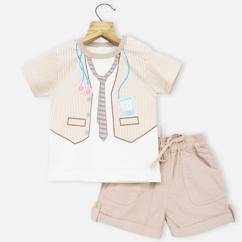 White Striped Sleeves T-Shirt With Beige Corduroy Shorts