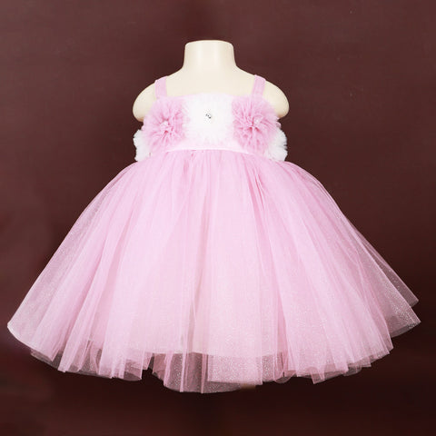 Mauve & Pink Glitter Flower Embellished Net Party Dress