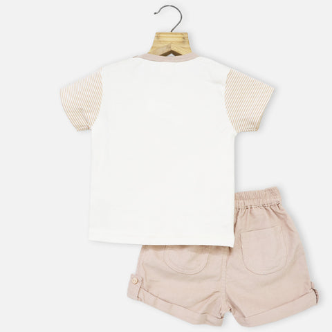 White Striped Sleeves T-Shirt With Beige Corduroy Shorts