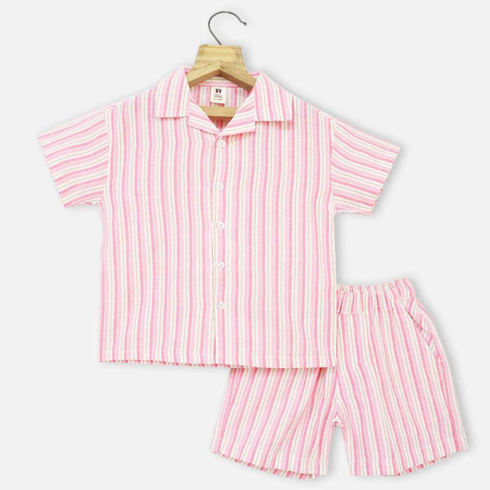 Pink Striped Shirt With Shorts Co-Ord Set