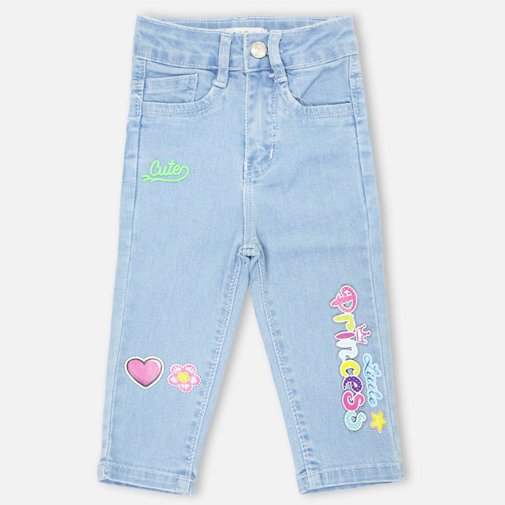 Blue Embellished Raw Jeans