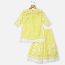 Load image into Gallery viewer, Pink &amp; Yellow Cotton Chikankari Kurta With Sharara &amp; Dupatta
