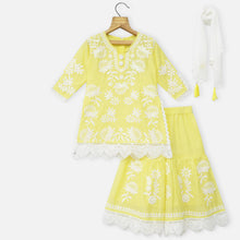 Load image into Gallery viewer, Pink &amp; Yellow Cotton Chikankari Kurta With Sharara &amp; Dupatta
