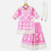 Load image into Gallery viewer, Pink &amp; Yellow Cotton Chikankari Kurta With Sharara &amp; Dupatta
