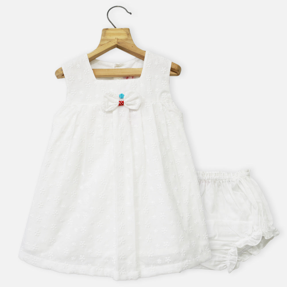 White Pleated Sleeveless Cotton Dress With Bloomer