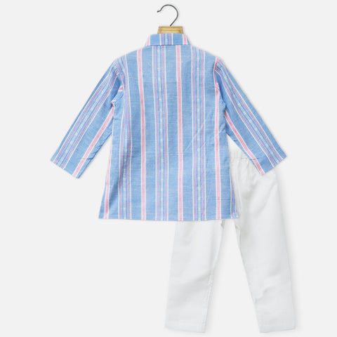 Blue Striped Full Sleeves Kurta With White Pajama