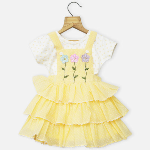 Pink & Yellow Dungaree Dress With White Polka Dots Dress