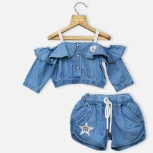 Load image into Gallery viewer, Blue Cold Shoulder Crop Top With Shorts Co-Ord Set
