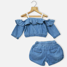 Load image into Gallery viewer, Blue Cold Shoulder Crop Top With Shorts Co-Ord Set
