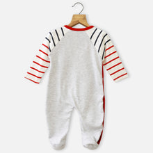 Load image into Gallery viewer, Grey &amp; Blue Striped Raglan Sleeves Footsie With Cap
