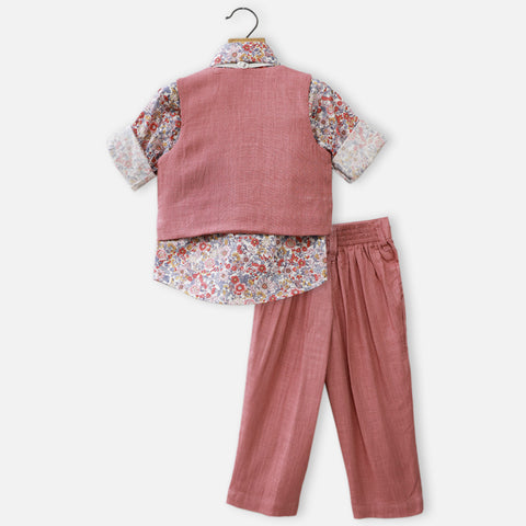 Pink Waistcoat With White Floral Shirt & Pant