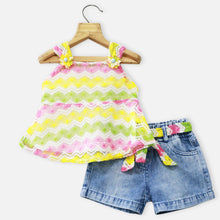 Load image into Gallery viewer, Yellow Crochet Top With Denim Shorts
