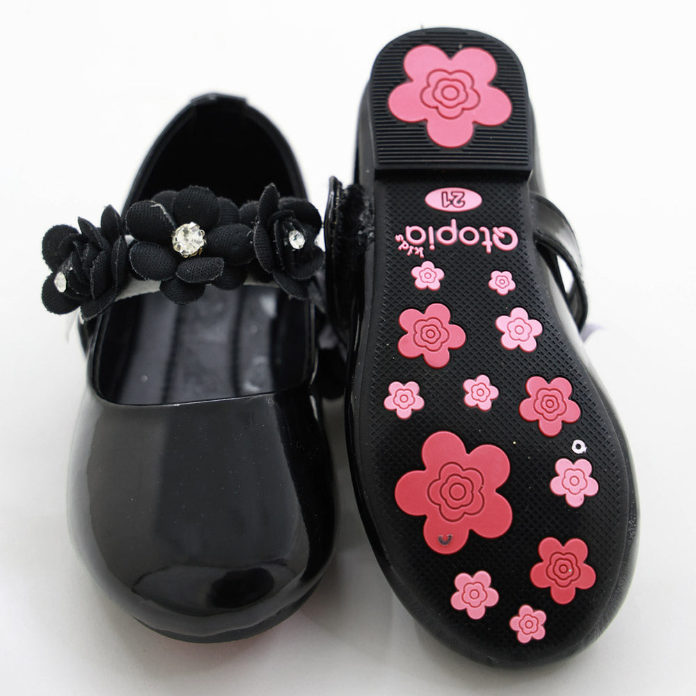 Flower Embellished Velcro Closure Ballerina- Black, Pink & White