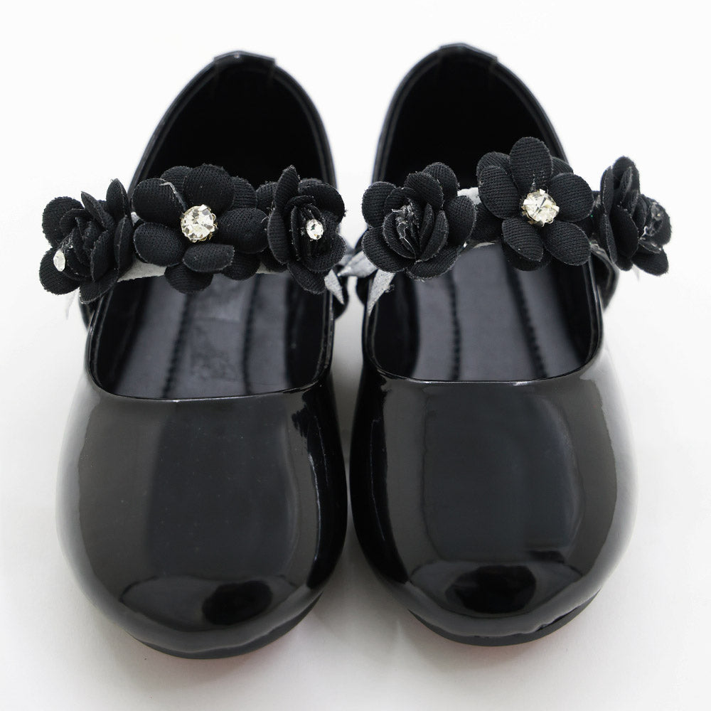 Flower Embellished Velcro Closure Ballerina- Black, Pink & White