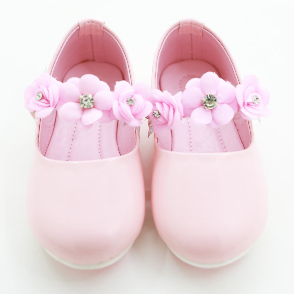 Flower Embellished Velcro Closure Ballerina- Black, Pink & White