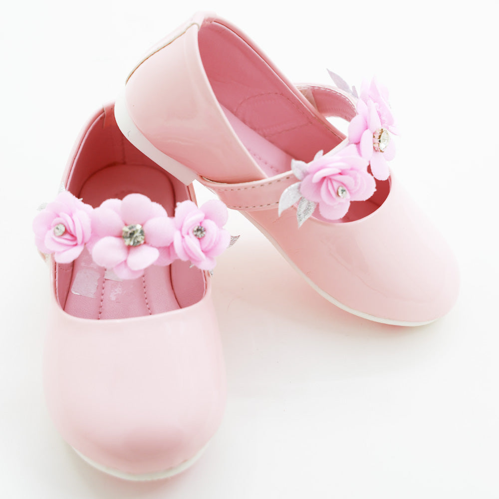 Flower Embellished Velcro Closure Ballerina- Black, Pink & White