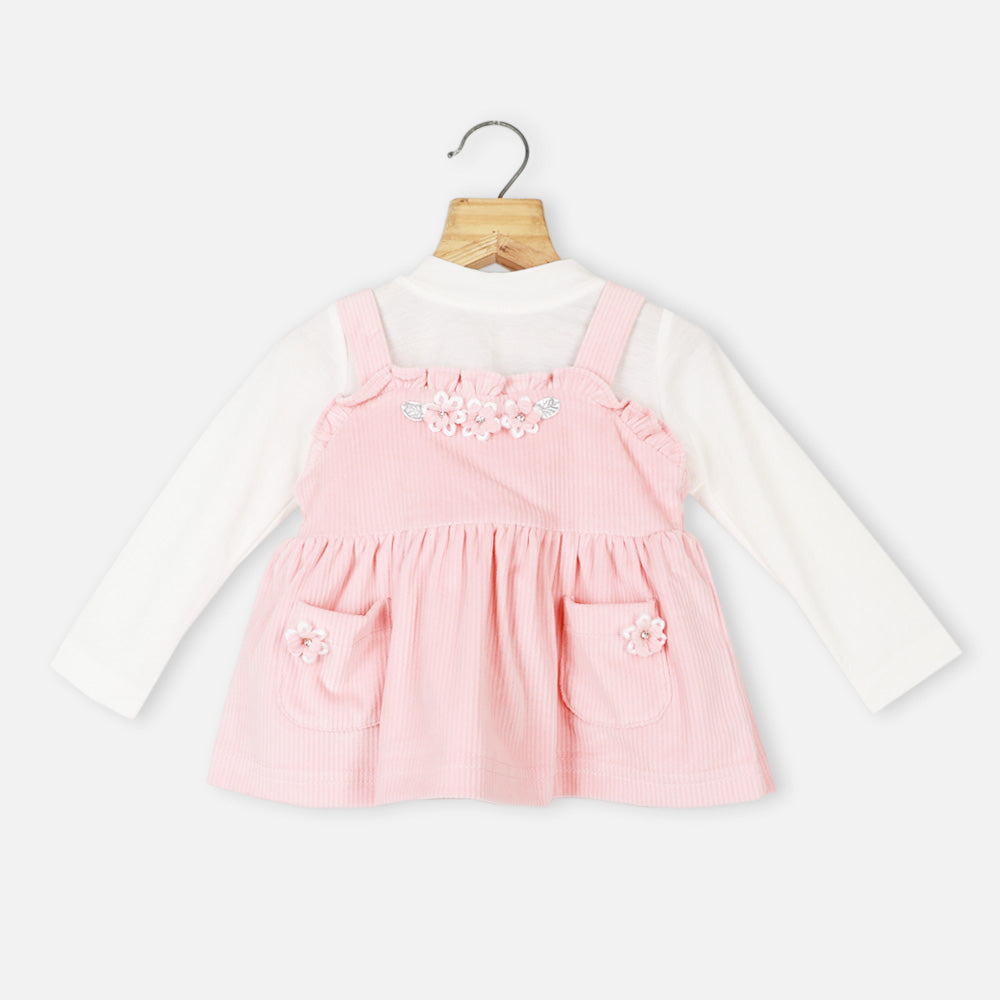 Pink Velour Dungaree Dress With White Full Sleeves Top