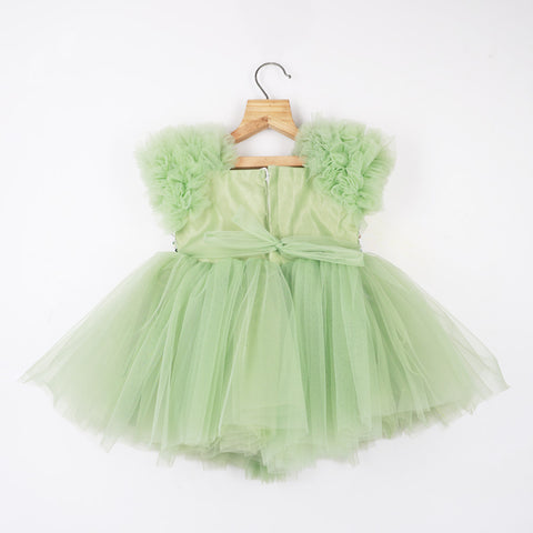 Green Sequins Embroidered Ruffled Sleeves Party Frock