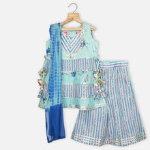 Load image into Gallery viewer, Blue Floral Cotton Kurta With Palazzo &amp; Tie Dye Dupatta
