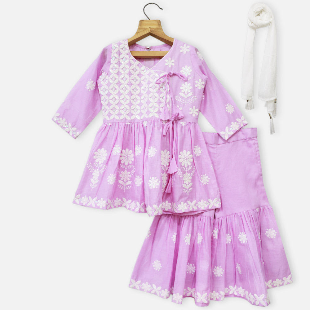 Pink & Purple Embroidered Cotton Kurta With Sharara & Dupatta