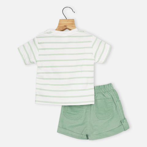 White Striped Half Sleeves T-Shirt With Green Corduroy Shorts