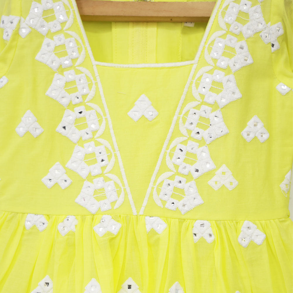 Neon Yellow Lucknowi Cotton Kurta With Sharara & Dupatta