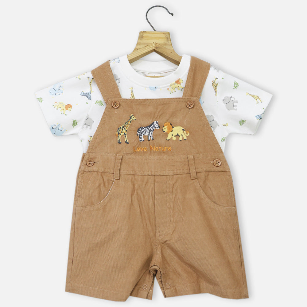 Rust Dungaree With Animal Theme T-Shirt