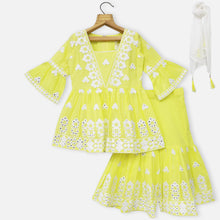 Load image into Gallery viewer, Neon Yellow Lucknowi Cotton Kurta With Sharara &amp; Dupatta
