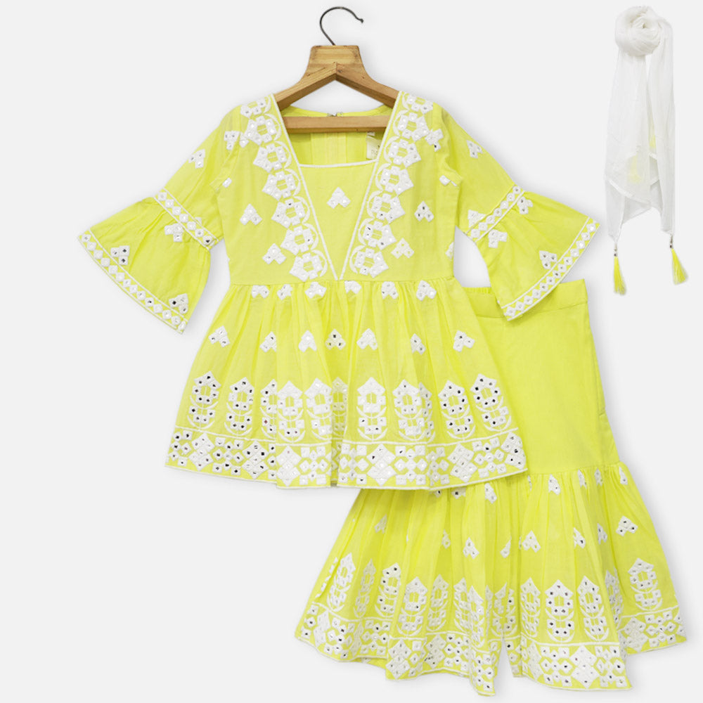 Neon Yellow Lucknowi Cotton Kurta With Sharara & Dupatta