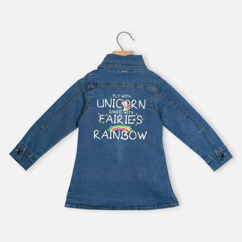 Blue Unicorn Theme Front Pocket Denim Dress