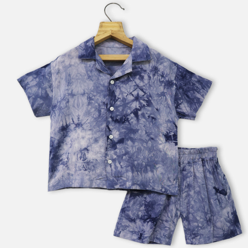 Blue Shirt With Shorts Cotton Co-Ord Set