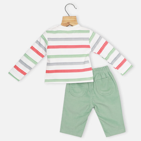 White Striped Full Sleeves T-Shirt With Green Corduroy Pant